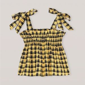 BNWT Ganni Seersucker Top Check Yellow and Black Small 36 OP 300